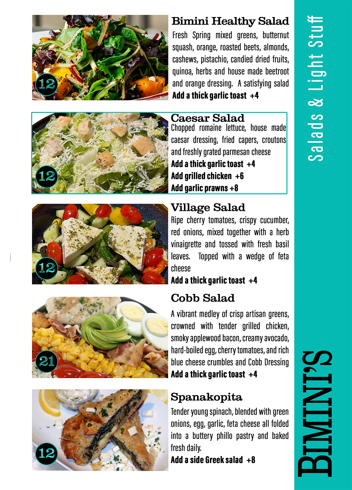 Biminis Menu